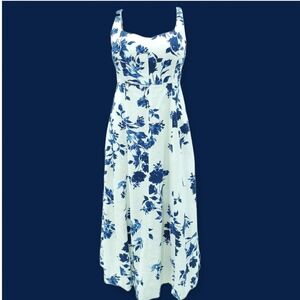 Old Navy Floral Midi Dress Womens Med Petite Blue White Linen Blend Boho Derby